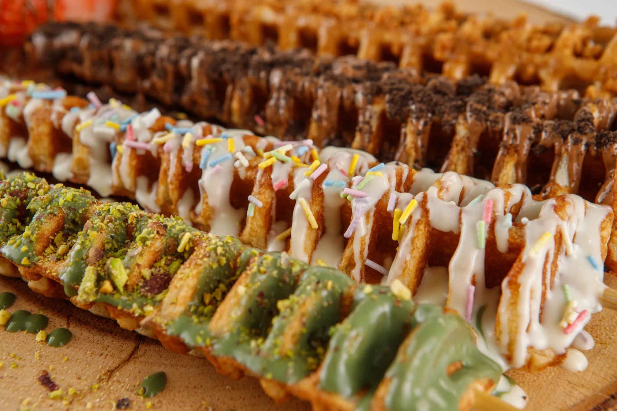 Waffle sticks with pistachio and chocolate